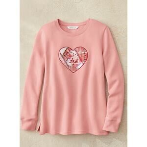Coldwater Creek Pink Heart Patchwork Sweatshirt Women PM Long Sleeve Cozy